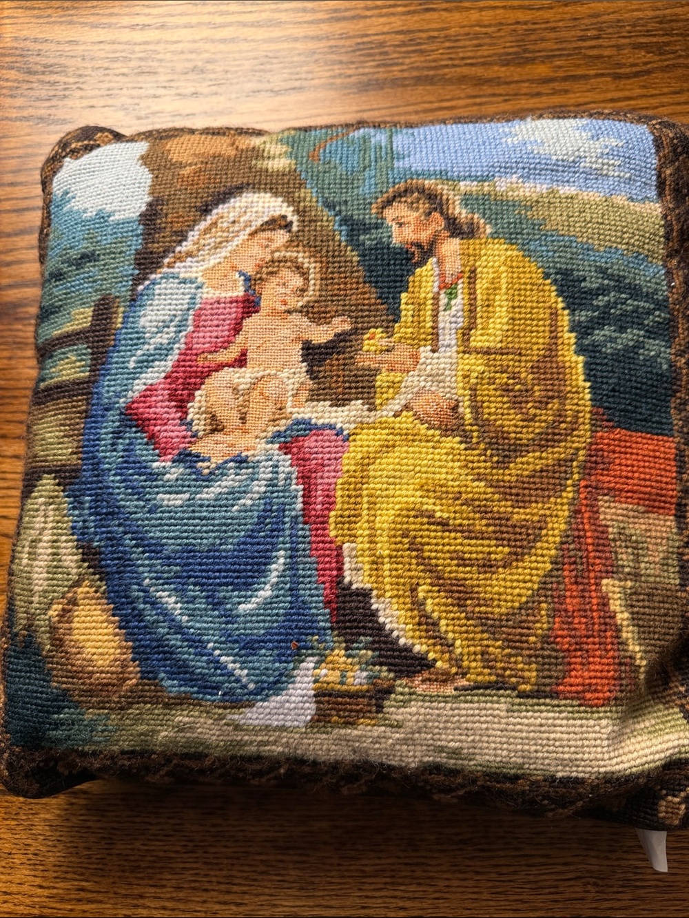 Vintage Christmas Needlepoint Pillow Wool Family Scene Peking Handicraft